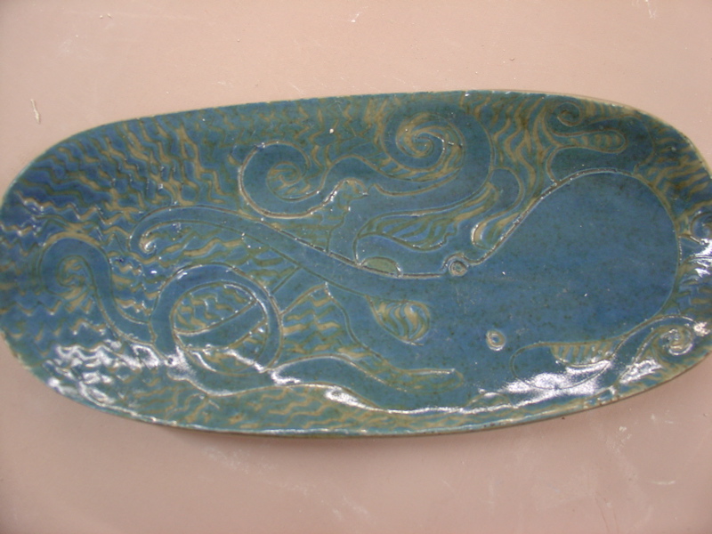 layered slip  (blue over green over white on stone ware- celadon glaze)