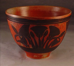 egypt bowl;black on porc. under shino