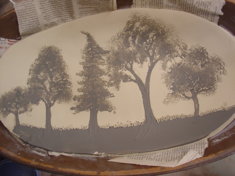 painted on leafy trees touched up with sgraffito
